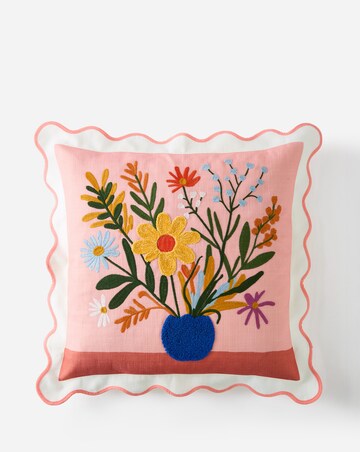 Lynn Embroidered Floral Vase Cushion with Scalloped Edges