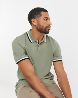 Tipped Pique Polo Long- Khaki