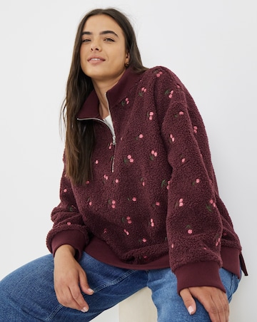 Simply Be Pink & Burgundy Cherries Embroidered Borg Sweatshirt