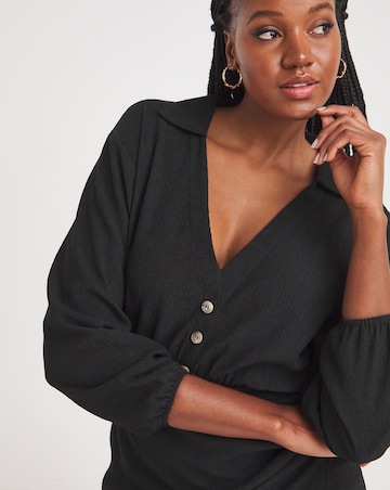 Black Textured Jersey Wrap Front Midi Shirt Dress