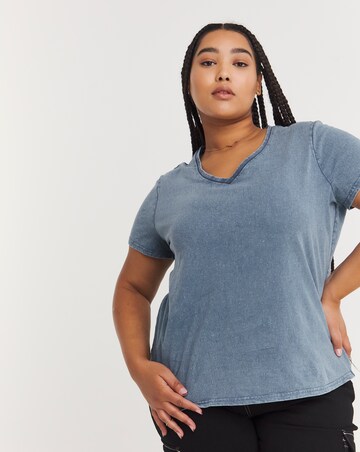 Washed Blue Slub V Neck Tee