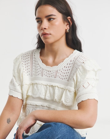 Simply Be Ivory Pointelle Broderie Mix Knitted Top