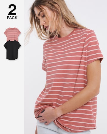 Simply Be Black & Pink Stripe 2 Pack Curved Hem Longline T-Shirts