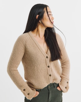 Camel Frill Sleeve Fluffy Yarn Cardigan