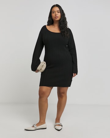 Black Rib Slash Neck Knitted Mini Dress
