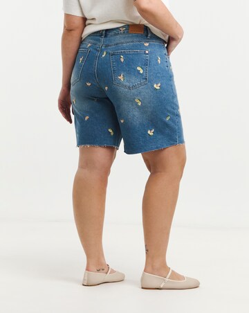 Mid Blue Fruit Embroidered Denim Bermuda Short