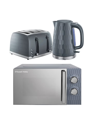 Russell Hobbs Grey Honeycomb Bundle - Kettle, 4 Slice Toaster & Microwave
