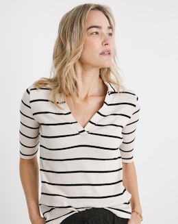 Pure Cotton Stripe Collared Button Top