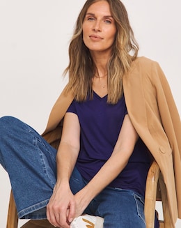 Indigo V Neck Short Sleeve Longline Top