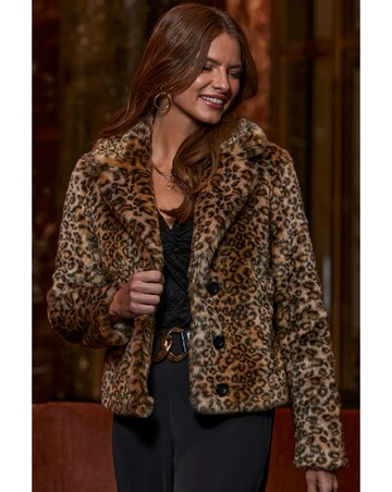 Sosandar Short Faux Fur Leopard Coat
