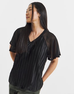 Black Plisse Angel Sleeve Top