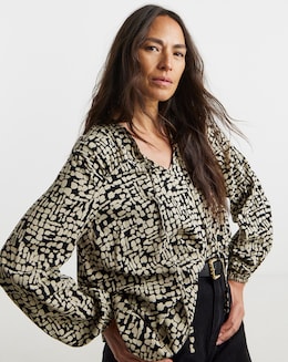 Tie Detail Ruched Long Sleeve Blouse - Mono Print