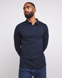 Long Sleeve Jersey Polo Long Length- Navy