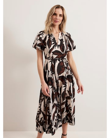 Phase Eight Zarah Printed Puff Sleeve V Neck Midi Dress