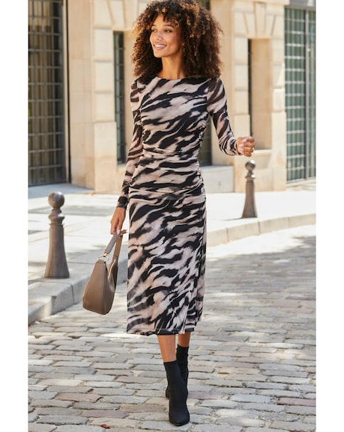 Sosandar Neutral Textured Print Mesh Dress