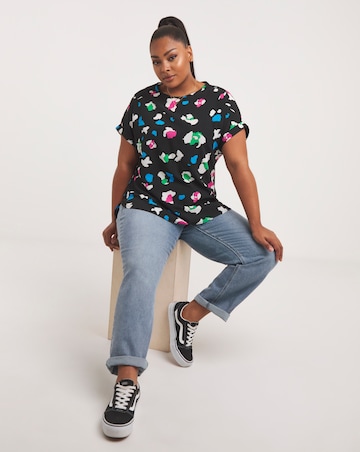 Black Animal Print Dip Back Boxy Top With Roll Sleeve