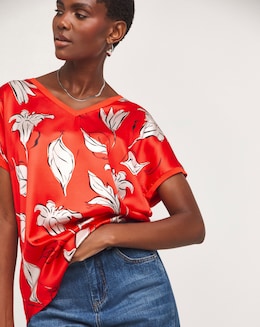Red Floral Print V Neck Satin Front Top