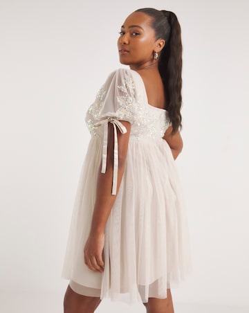 Maya Curve Puff Sleeve Glitter Embroidered Tulle Mini Dress