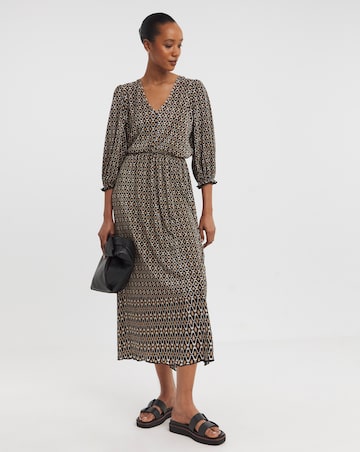 Geo Plisse Plunge Midi Dress