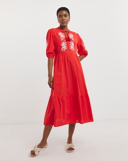 Linen Mix Embroidered Midi Dress With Tassel Neck Tie