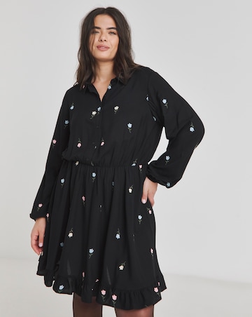 Black Floral Embroidered Shirt Dress