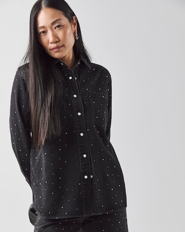 Black Embellished Oversized Denim Shirt