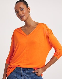 Orange V Neck Lace Back Long Sleeve Top