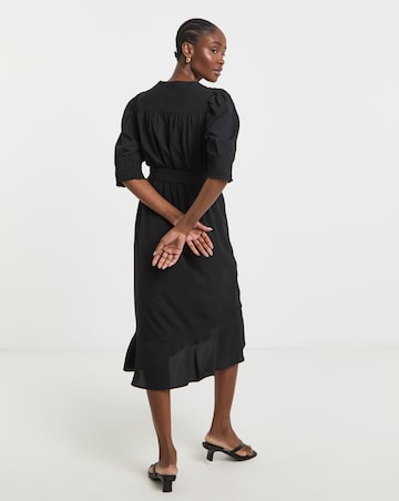 Black Ruffled Front Wrap Midi Dress