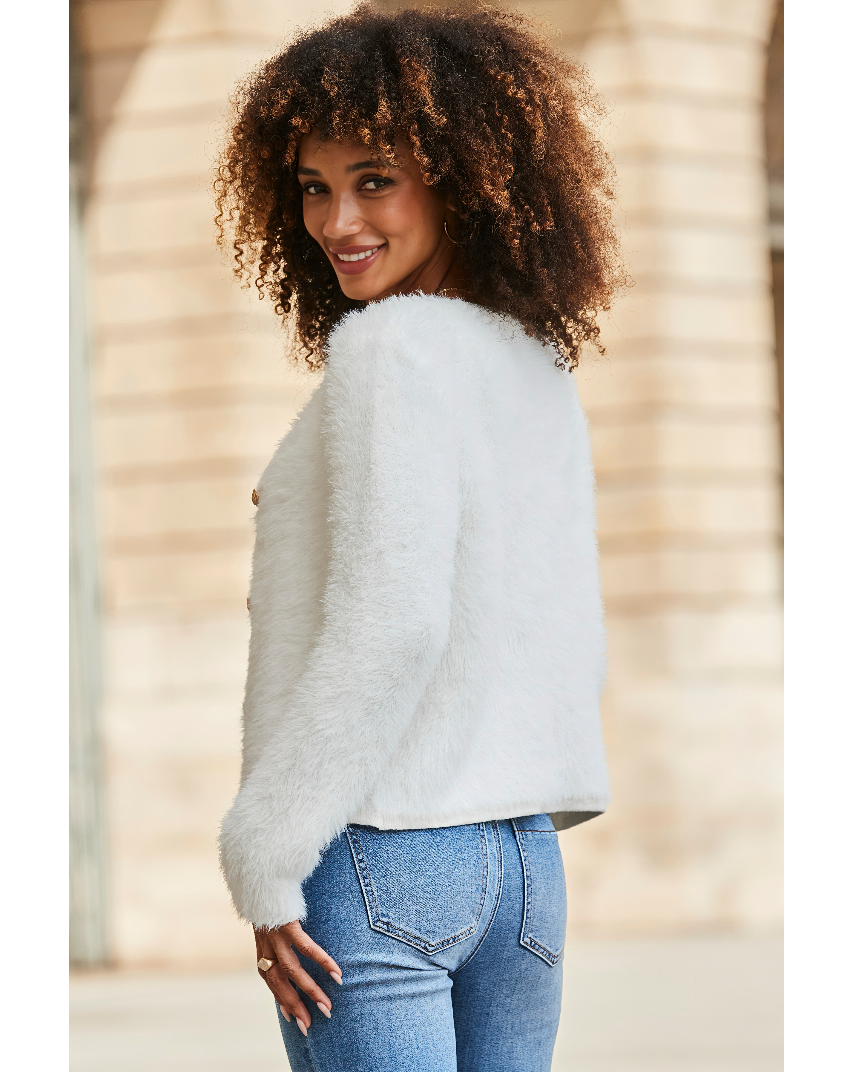 Sosandar Crew Neck Fluffy Cardigan | Ambrose Wilson