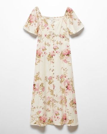 Mango Buttoned Floral Print Linen Blend Midi Dress
