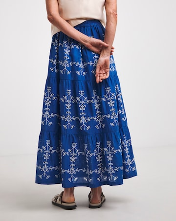 Blue Broderie Tiered Pull On Maxi Skirt