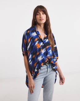 Blue Abstract Short Sleeve Oversized Blouse