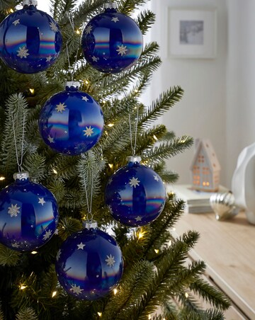 Set of 6 Iridescent Glass Blue Glitter Baubles with Glitter Stars