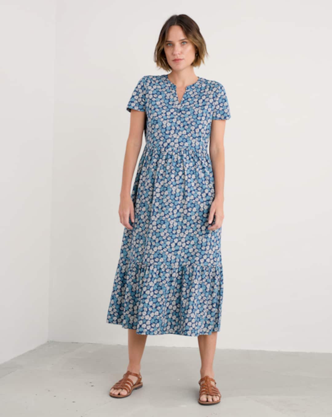 chinese dress ladies Seasalt Dawn Green Floral Cotton Blend Lightweight 3/4 Sleeve Midi Dresses main image 1