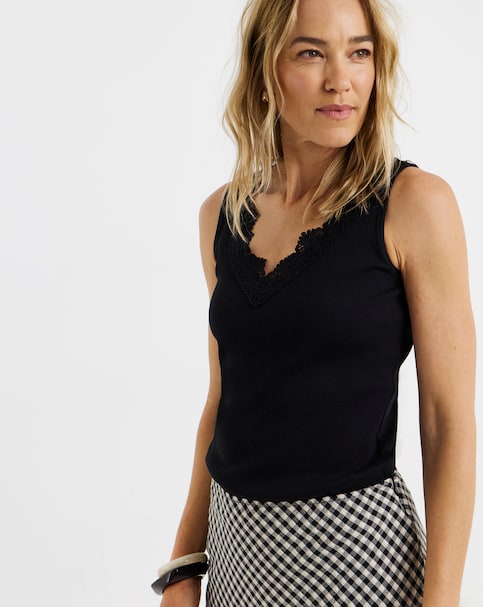 Black V-Neck Lace Trim Vest