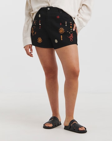 Simply Be Black Boho Embroidered Denim Short