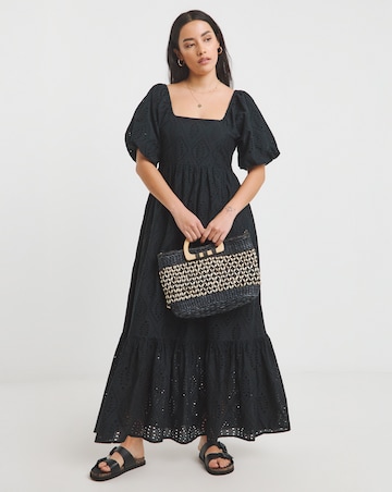 Black Square Neck Broderie Maxi Dress