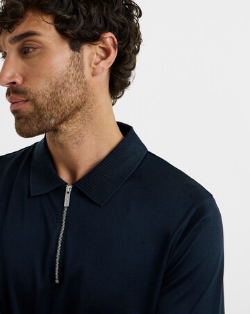 Folio Mercerised Supima Zip Long Sleeve Polo-Navy
