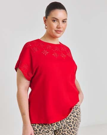Simply Be Red Broderie Grown On Sleeve T-Shirt