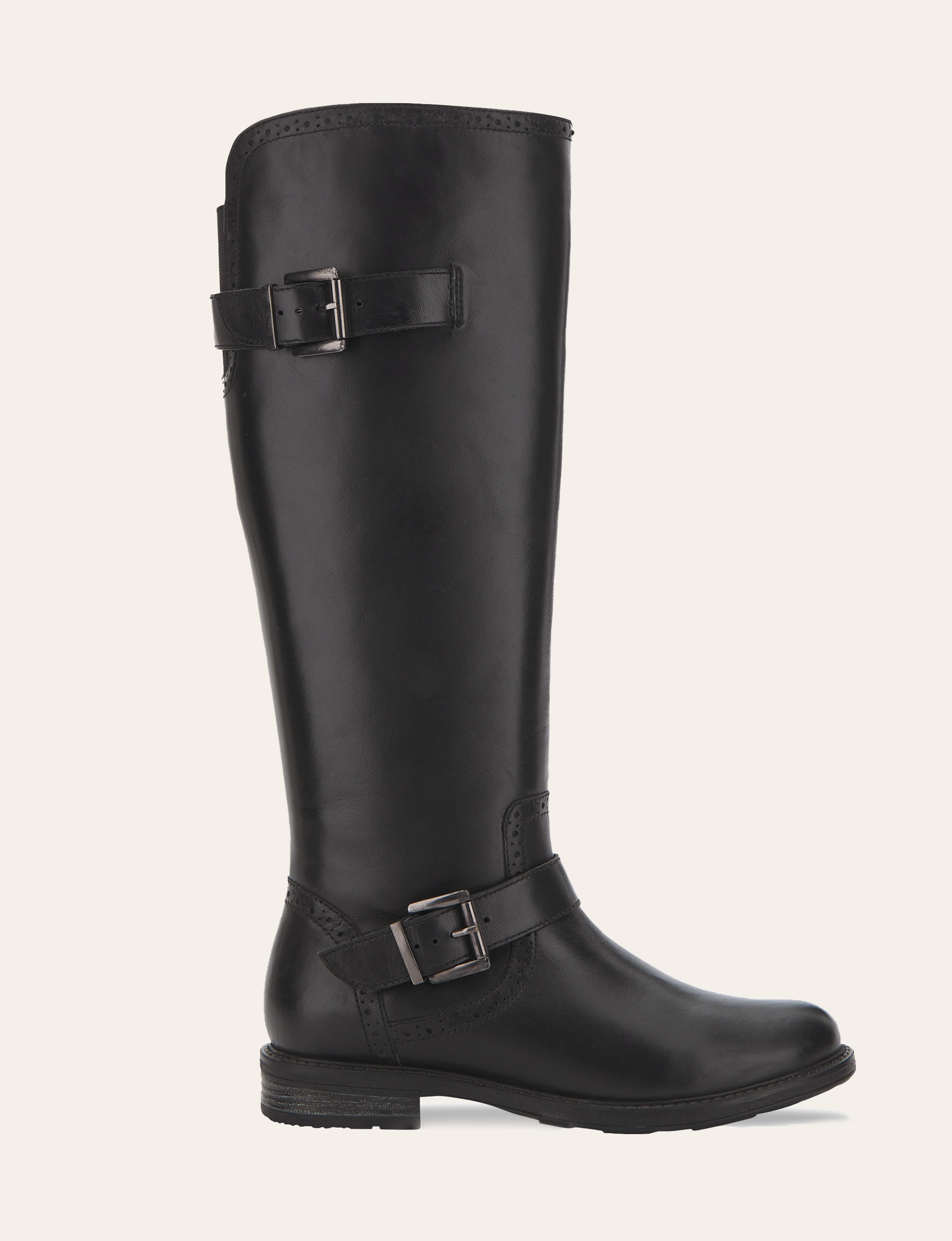A long black boot with straps and buckles