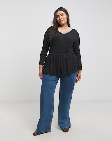 Black Ribbed Soft Touch Mock Wrap Top