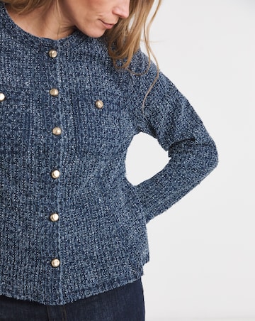 Indigo Boucle Peplum Collarless Denim Jacket