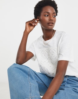 Pure Cotton White Crochet Placement T-shirt