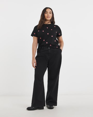 Black & Pink Flower Embroidery T-Shirt