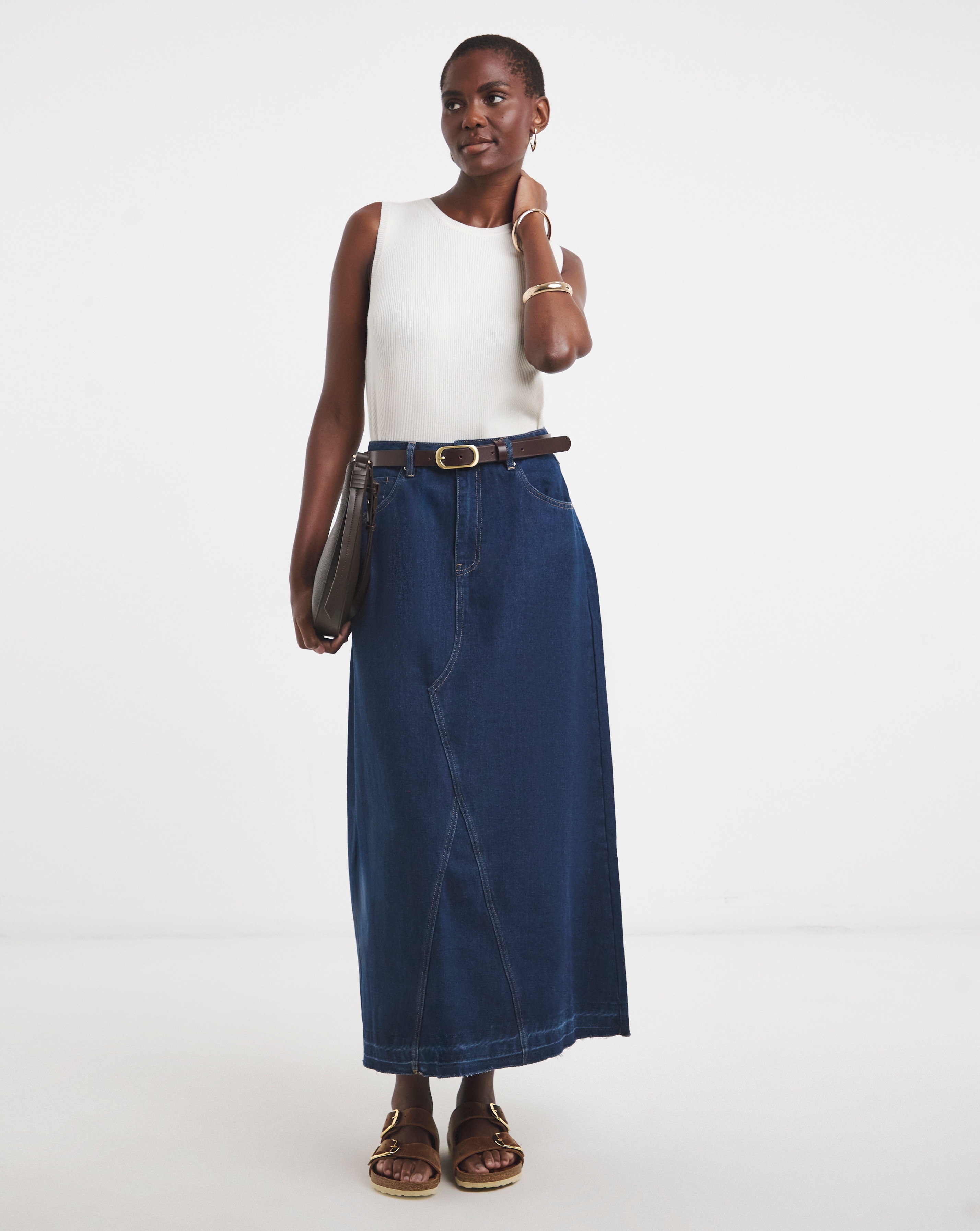 Mid Blue Elasticated Waist Midi Denim Skirt | Ambrose Wilson