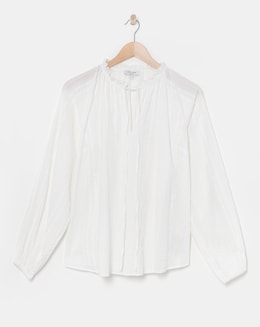 Collarless Long Sleeve Tie Neck Blouse