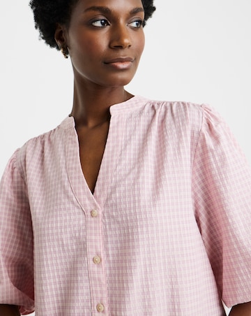 Check Collarless Button Through Blouse