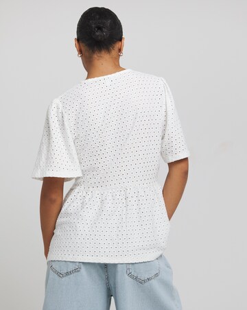 Ivory Broderie Button Through Peplum Hem Top