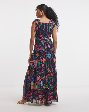 Hope & Ivy Lucia Tie Sleeve Belted Maxi Dress With Front Thigh Split