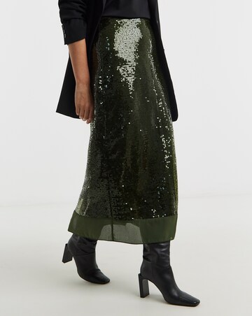 Green Sequin Column Skirt